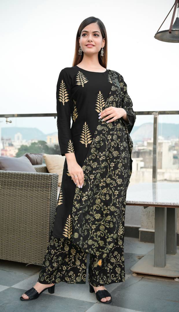 Stylish Rayon Black Printed Kurta With Palazzo And Dupatta Set